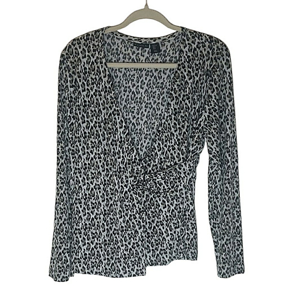 Tahari Leopard Print Wrap Top Long Sleeve V-neck Black White Brown Size XL